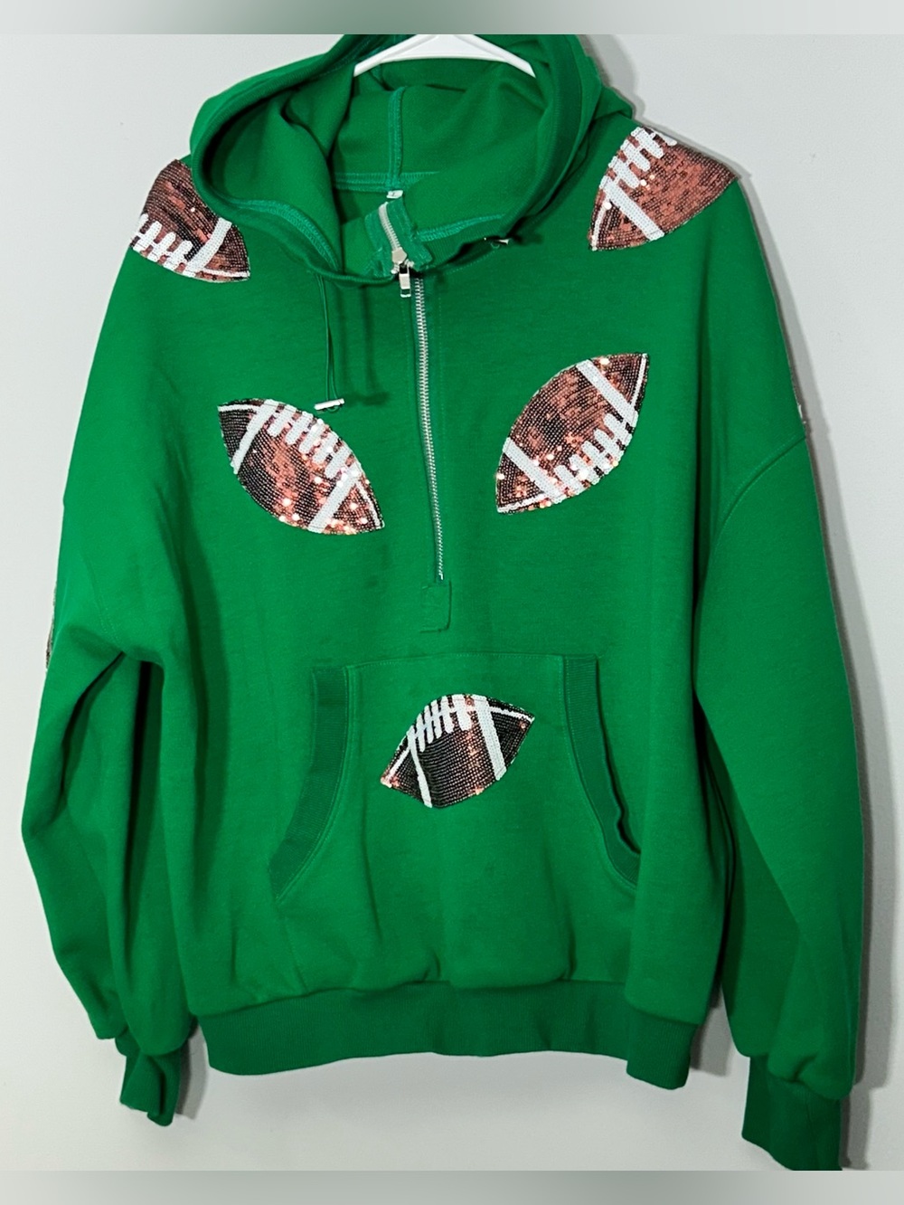 Source Unknown Green Half-Zip Hoodie with Sequin Football Appliqués Size L
